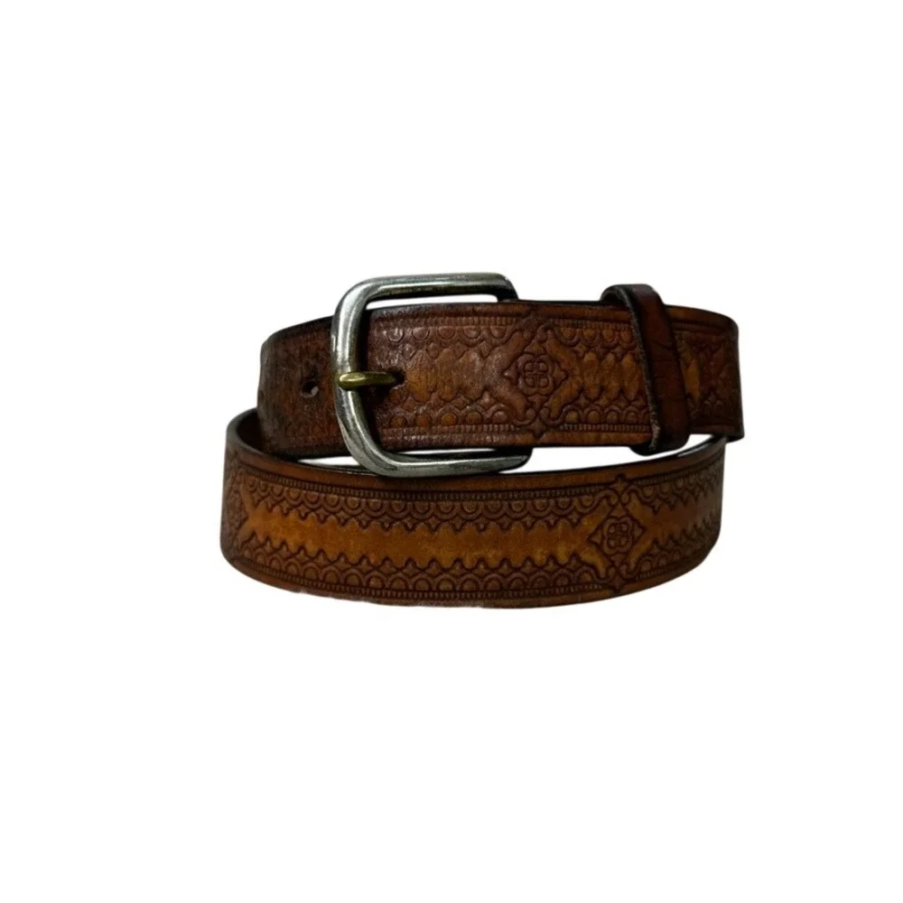 Vintage Brown Tooled Leather Belt Mens 36 Western Basketweave Made in USA 160286